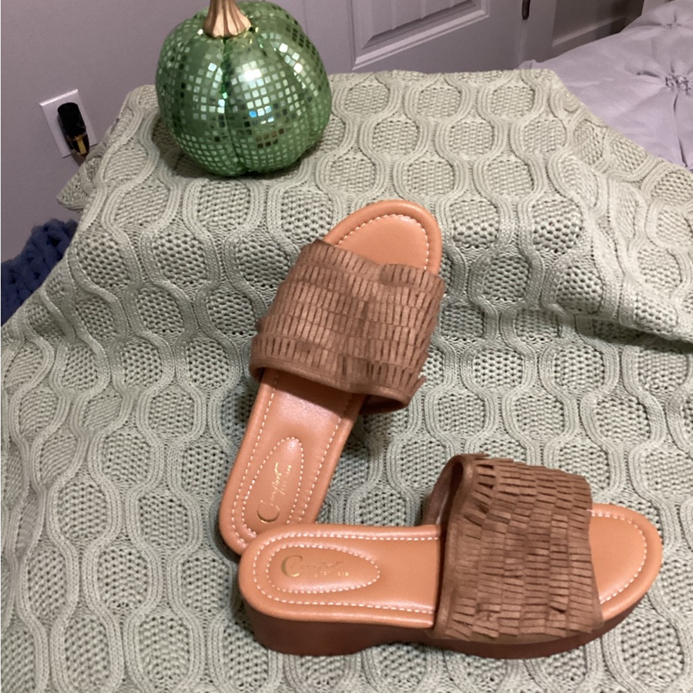 Cato - Size 10W - Tassel Fringe Heeled Slides Tan Color - Worn Once!
